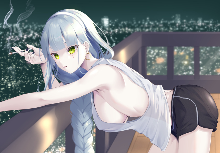 1girl black_nails black_shorts blue_hair braid braided_ponytail breasts cigarette city_lights earrings eyebrows_visible_through_hair girls_frontline green_eyes hk416_(girls_frontline) holding holding_cigarette hoop_earrings jewelry large_breasts leaning_over long_hair looking_at_viewer nail_polish shirt shorts sideboob smoking solo weisskaeppchen white_shirt