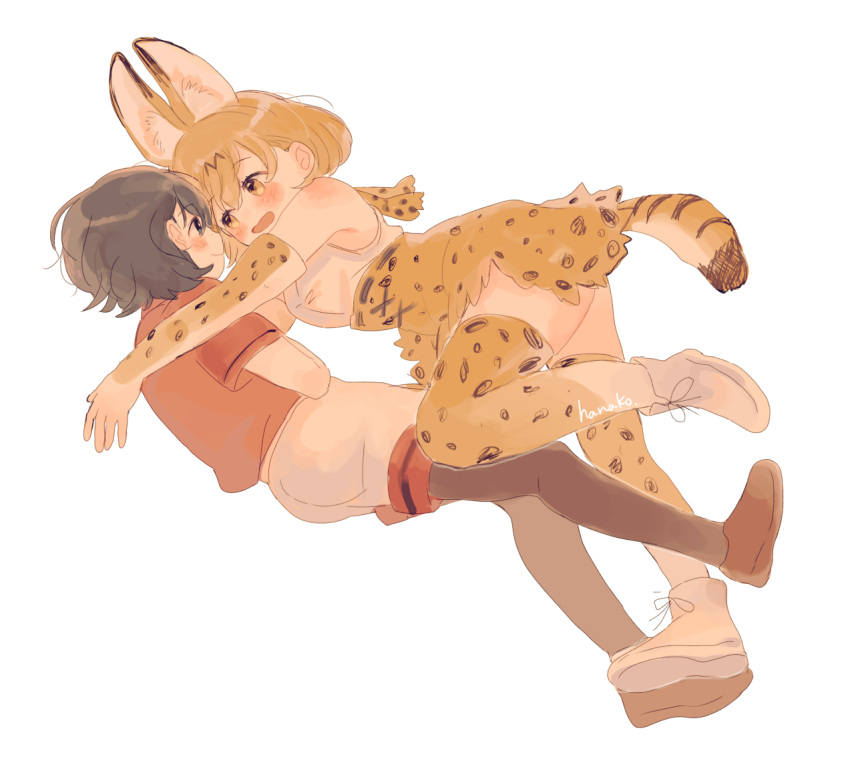 2girls animal_ear_fluff animal_ears bare_shoulders black_hair black_legwear blonde_hair blush bow bowtie brown_footwear cross-laced_clothes cross-laced_skirt elbow_gloves extra_ears eye_contact gloves hanako151 high-waist_skirt kaban_(kemono_friends) kemono_friends looking_at_another multiple_girls open_mouth pantyhose red_shirt serval_(kemono_friends) serval_ears serval_print serval_tail shirt shoes short_hair short_sleeves shorts skirt sleeveless sleeveless_shirt smile tail thigh-highs white_footwear white_shirt white_shorts yellow_eyes yellow_legwear yellow_skirt zettai_ryouiki