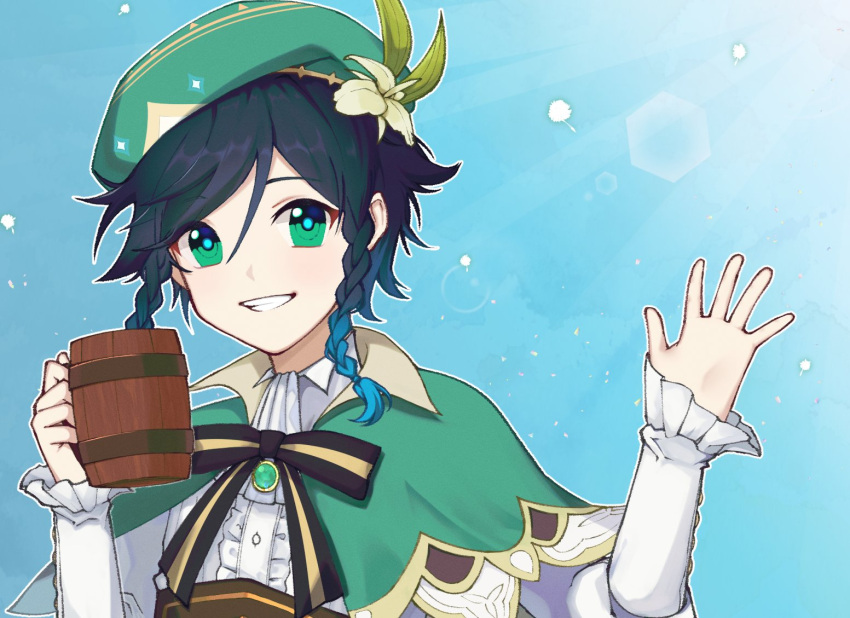 1boy androgynous bangs beer_mug beret black_hair blue_hair bow braid brooch cape collared_cape collared_shirt cup d_uxu_b eyebrows_visible_through_hair flower frilled_sleeves frills gem genshin_impact gradient_hair green_eyes green_headwear grin hair_flower hair_ornament hat holding holding_cup jewelry leaf long_sleeves looking_at_viewer male_focus mug multicolored_hair open_mouth shirt short_hair_with_long_locks simple_background smile solo teeth twin_braids venti_(genshin_impact) white_flower white_shirt