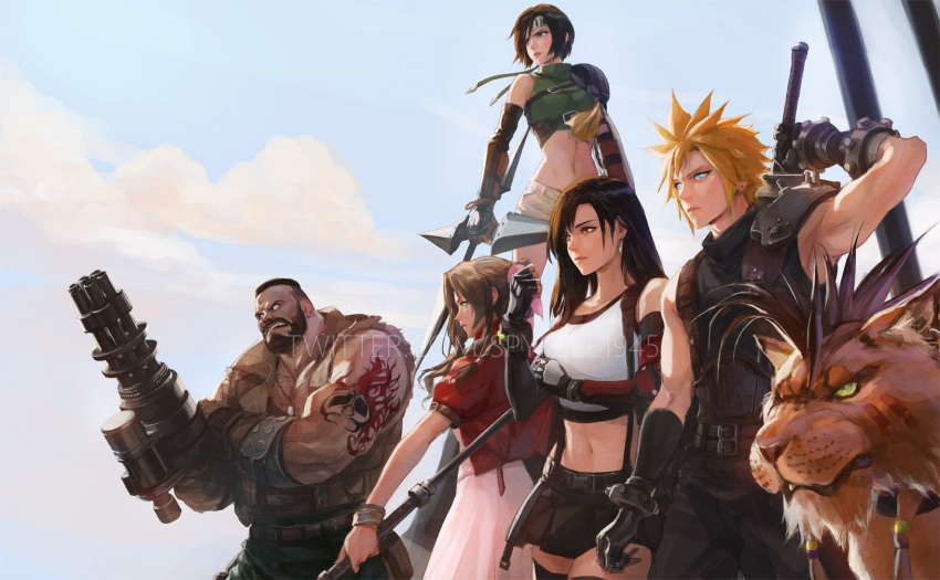 3boys 3girls aerith_gainsborough arm_cannon arm_tattoo barret_wallace black_hair blonde_hair brown_hair cloud_strife crop_top cropped_jacket dark_skin dark_skinned_male dress fighting_stance final_fantasy final_fantasy_vii final_fantasy_vii_remake highres jacket multiple_boys multiple_girls navel pink_dress red_jacket red_xiii serious shuriken skirt spiky_hair spykeee1945 staff stomach suspenders tattoo tifa_lockhart weapon yuffie_kisaragi