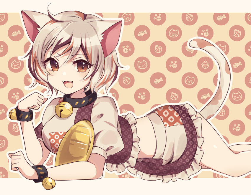 1girl :3 :d animal_ears bell black_hair brown_background brown_eyes calico cat_ears cat_tail coin eyebrows_visible_through_hair fang fangs feet_out_of_frame fish goutokuji_mike highres looking_at_viewer lying maneki-neko midriff multicolored multicolored_clothes multicolored_hair multicolored_shirt multicolored_skirt multicolored_tail neck_bell on_stomach open_mouth orange_hair paws puffy_short_sleeves puffy_sleeves short_sleeves skirt smile solo streaked_hair subaru_(subachoco) tail touhou white_hair