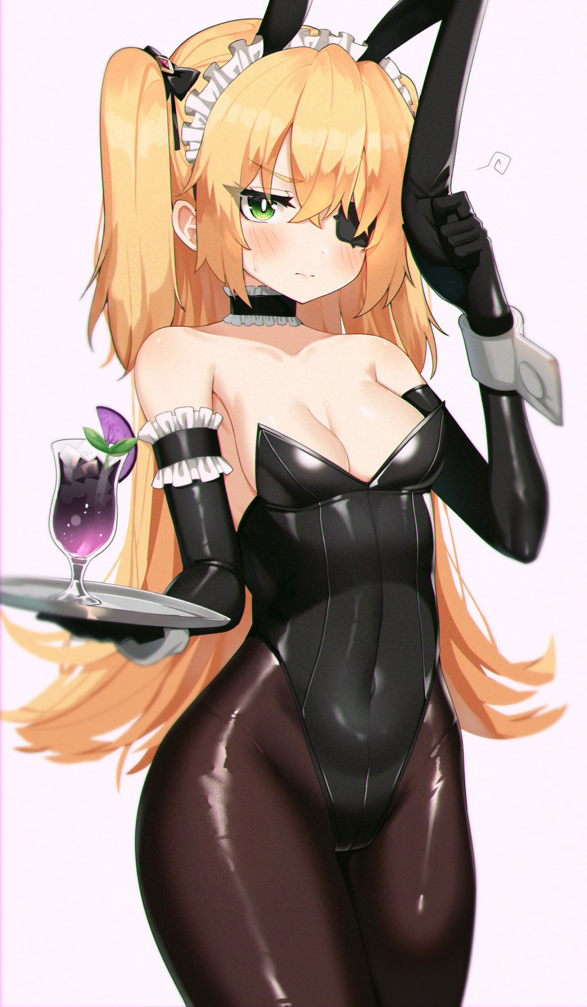 1girl absurdres animal_ears bare_shoulders black_choker black_gloves black_leotard blonde_hair bow breasts brown_legwear choker closed_mouth collarbone covered_navel cowboy_shot elbow_gloves eyepatch fake_animal_ears fischl_(genshin_impact) frilled_choker frills frown genshin_impact gloves green_eyes groin hair_bow hand_up headdress highleg highleg_leotard highres holding latex leotard long_hair looking_at_viewer medium_breasts no_bra pantyhose rabbit_ears shiny shiny_clothes shiny_legwear sidelocks simple_background solo standing strapless strapless_leotard two_side_up w.k white_background