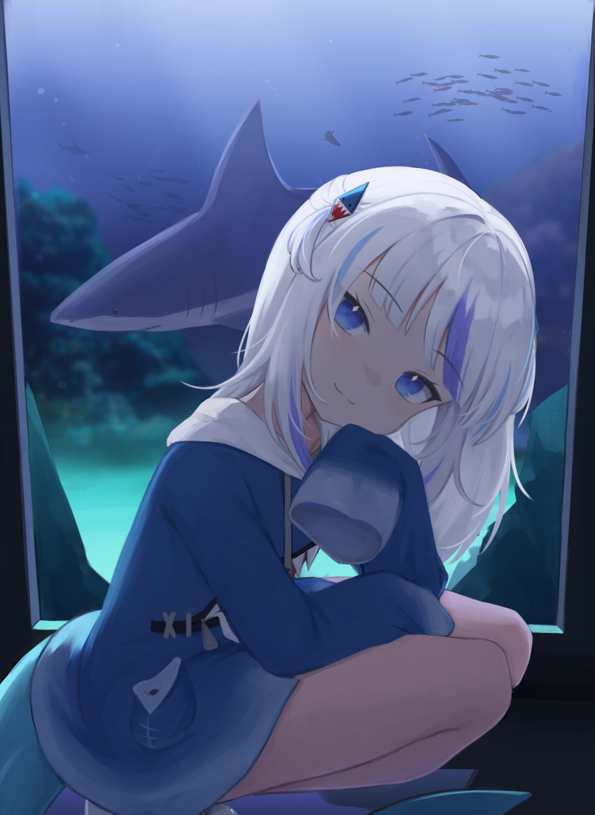 1girl :3 absurdres animal bangs blue_eyes blue_hair blue_hoodie blunt_bangs commentary eyebrows_visible_through_hair fish fish_tail gawr_gura hair_ornament hairclip highres hololive hololive_english hood hood_down hoodie klaius long_hair long_sleeves looking_at_viewer multicolored_hair shark shark_tail sleeves_past_fingers sleeves_past_wrists smile solo squatting streaked_hair tail two-tone_hair two_side_up virtual_youtuber white_hair