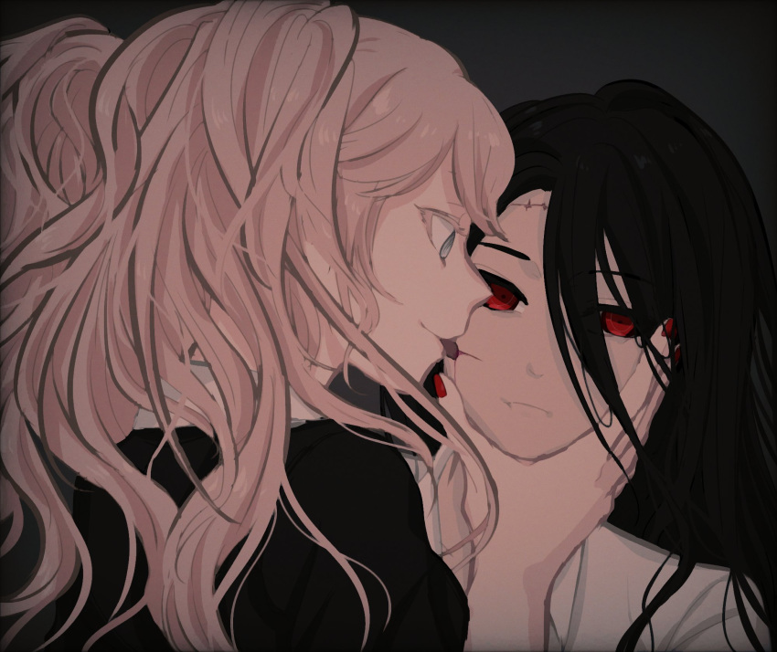 1boy 1girl black_hair black_shirt blue_eyes cheek_licking dangan_ronpa:_trigger_happy_havoc dangan_ronpa_(series) dangan_ronpa_2:_goodbye_despair enoshima_junko face face_licking frown grey_background highres kamukura_izuru kirari_(kirari_hn01) licking long_hair nail_polish necktie portrait profile red_eyes red_nails shirt tongue tongue_out white_shirt