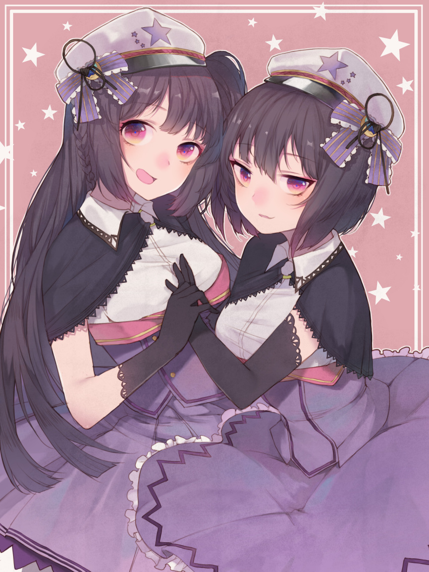 2girls absurdres bangs black_gloves black_hair blush border bow braid breasts collared_dress dress elbow_gloves eyebrows_visible_through_hair frilled_dress frills gloves hat highres large_breasts long_hair looking_at_viewer multiple_girls one_side_up open_mouth original peaked_cap pink_background purple_dress short_hair short_sleeves side_braid slyvia smile star_(symbol) starry_background striped striped_bow violet_eyes white_headwear