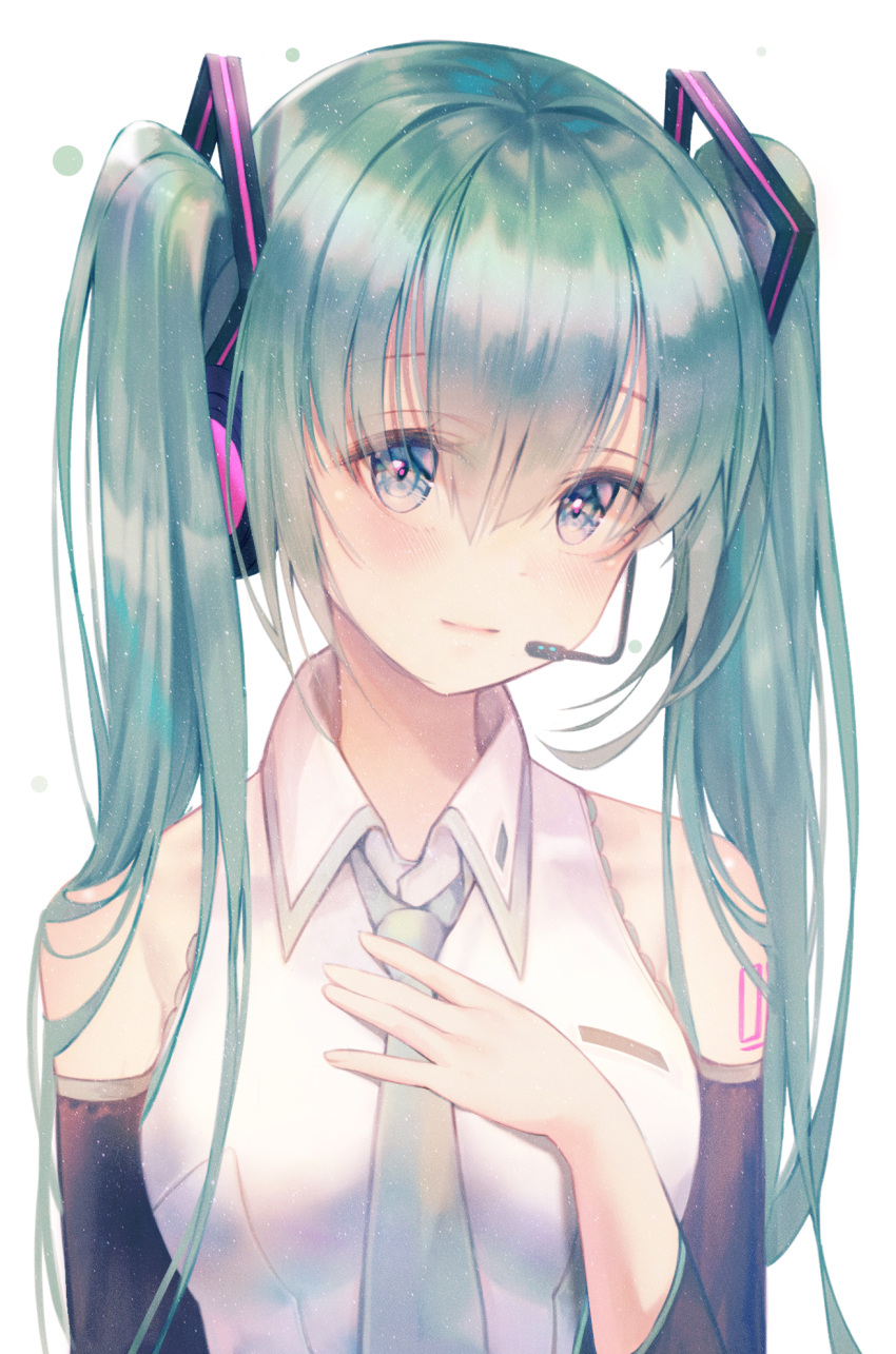 1girl aqua_eyes aqua_neckwear bangs bare_shoulders black_sleeves collared_shirt detached_sleeves eyebrows_visible_through_hair hair_between_eyes hand_on_own_chest hatsune_miku headset highres immi_immi long_hair looking_at_viewer necktie shirt sleeveless sleeveless_shirt solo twintails upper_body very_long_hair vocaloid white_background white_shirt