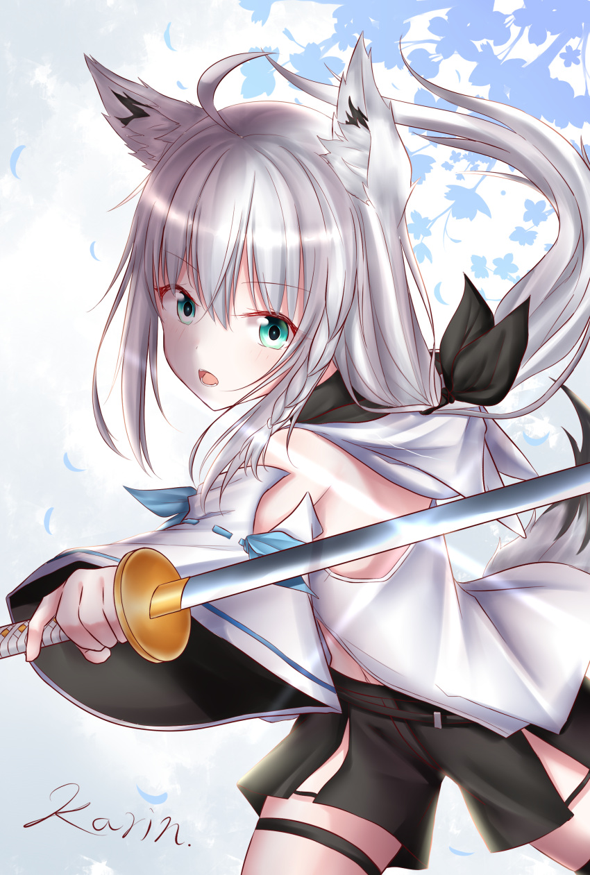 1girl absurdres ahoge animal_ear_fluff animal_ears artist_name bangs black_bow black_shorts bow braid commentary detached_sleeves eyebrows_visible_through_hair fox_ears fox_girl fox_tail green_eyes hair_between_eyes hair_bow highres holding holding_sword holding_weapon hololive hood hoodie karin_zakura katana long_hair looking_at_viewer open_mouth outstretched_arm pose shirakami_fubuki short_shorts shorts sidelocks simple_background single_braid single_thighhigh solo sword tail thigh-highs thigh_strap virtual_youtuber weapon white_hair white_hoodie