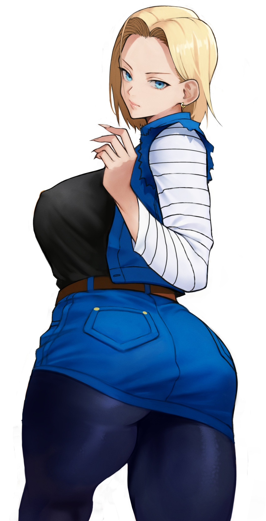 1girl absurdres android_18 ass back bangs belt black_shirt blonde_hair blue_eyes blue_legwear blue_skirt blue_vest breasts denim denim_skirt dragon_ball dragon_ball_z earrings forehead highres jewelry large_breasts long_sleeves looking_back pantyhose parted_bangs shirt short_hair skirt thick_thighs thighs vest white_sleeves yoshio_(55level)
