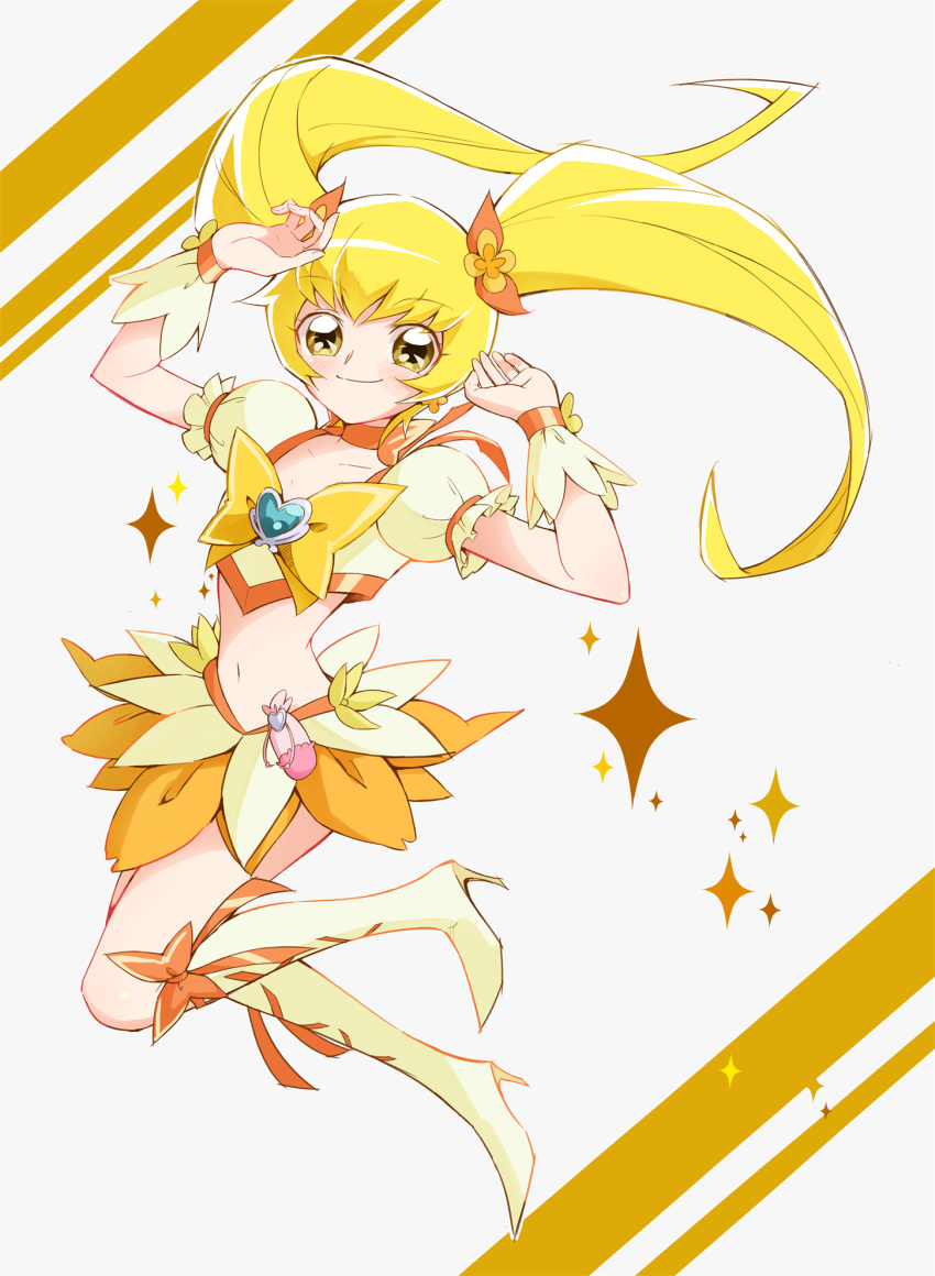 1girl aizawa_zawapo boots bow choker collarbone cure_sunshine eyebrows_visible_through_hair full_body hair_ornament heartcatch_precure! high_heels highres jumping magical_girl midriff myoudouin_itsuki navel orange_bow orange_choker orange_skirt precure puffy_sleeves skirt solo starry_background twintails white_background yellow_bow yellow_choker yellow_theme