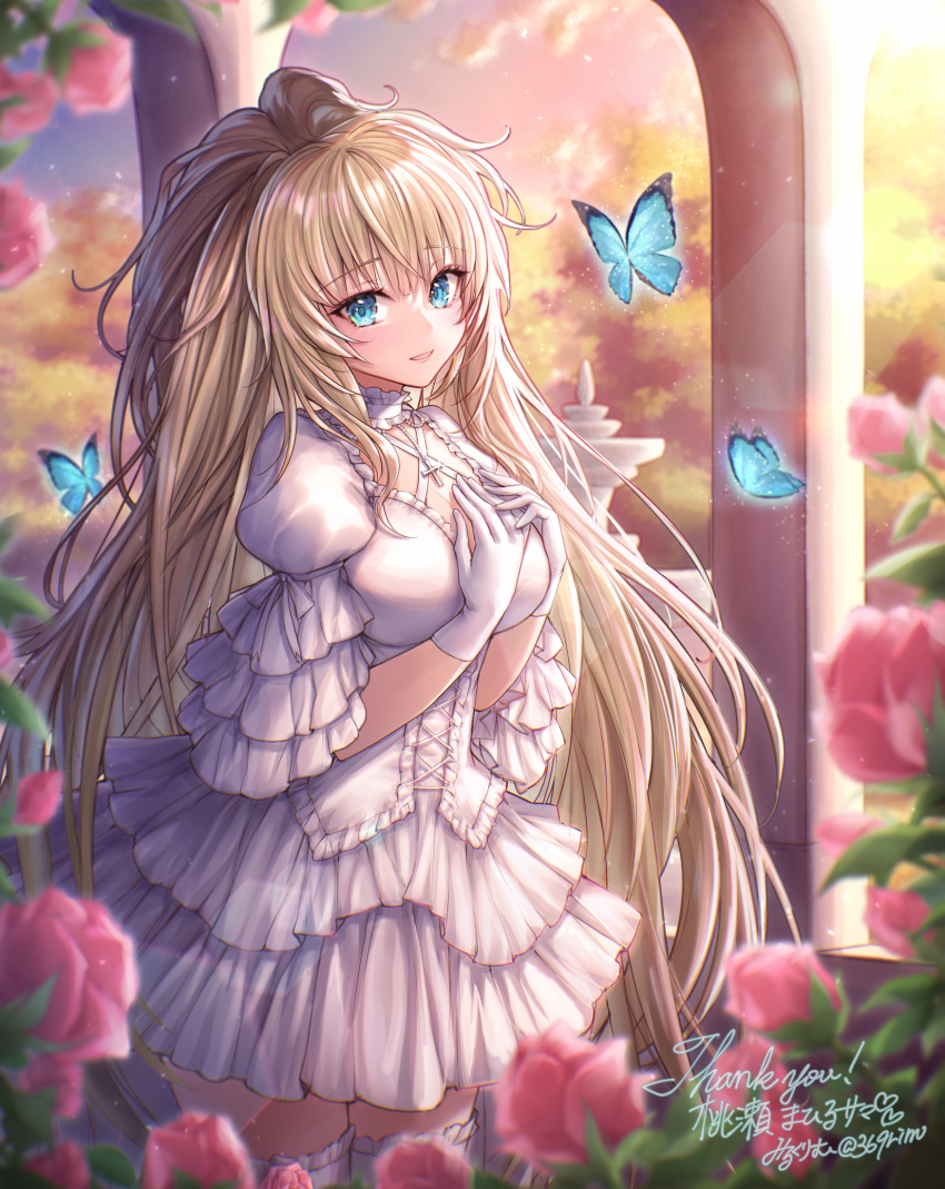 1girl bangs blonde_hair blue_eyes blurry blurry_background blurry_foreground breasts bug butterfly dress eyebrows_visible_through_hair flower frilled_legwear gloves hand_on_own_chest highres insect long_hair looking_at_viewer medium_breasts mirukurim outdoors phantasy_star phantasy_star_online_2 ponytail rose solo thigh-highs white_dress white_gloves white_legwear