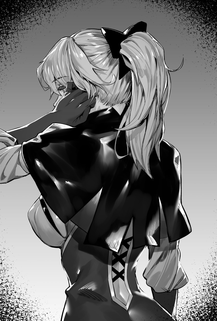 1girl absurdres bow breasts eyebrows_visible_through_hair genshin_impact gloves greyscale hair_bow highres hxd jean_gunnhildr_(genshin_impact) large_breasts monochrome ponytail short_hair sideboob solo