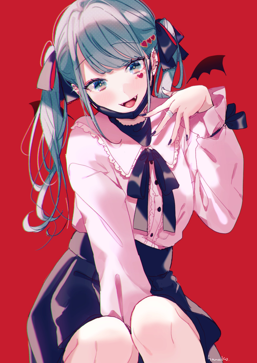 1girl :d aqua_eyes aqua_hair arm_up bangs between_legs black_mask black_nails black_ribbon black_skirt chromatic_aberration collared_shirt commentary_request earrings eyebrows_visible_through_hair facial_mark fangs hair_ribbon hanako151 hand_between_legs hatsune_miku heart highres jewelry knees knees_together long_hair long_sleeves looking_at_viewer mask mouth_mask nail_polish open_mouth pink_shirt red_background ribbon ring screentones shirt shirt_tucked_in simple_background sitting skirt smile solo twintails vocaloid