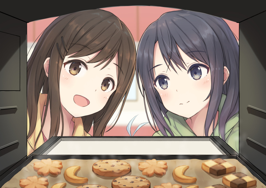 2girls :d adachi_sakura adachi_to_shimamura ahoge asymmetrical_hair baking bangs blue_eyes blue_hair blurry blurry_background blush brown_eyes brown_hair closed_mouth cookie crescent figure flower food hair_between_eyes hair_ornament hairclip highres kumakumatc looking_at_another looking_at_viewer medium_hair multiple_girls open_mouth out_of_frame oven shimamura_hougetsu short_hair smile tray upper_body