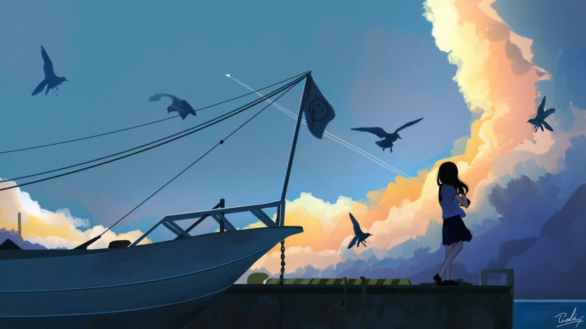 1girl bird black_hair clouds cloudy_sky original pier scenery school_uniform seagull serafuku ship sky solo tochichima watercraft