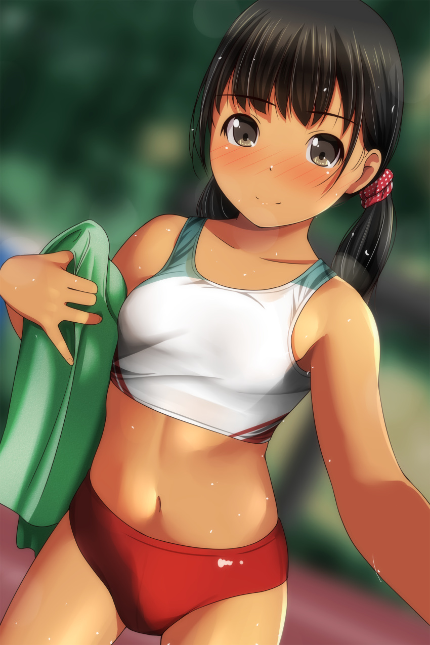 1girl absurdres bangs bare_arms bare_shoulders black_hair blurry blurry_background blush breasts brown_eyes buruma closed_mouth collarbone cowboy_shot crop_top depth_of_field dutch_angle eyebrows_visible_through_hair hair_ornament hair_scrunchie highres holding holding_towel long_hair looking_at_viewer low_twintails matsunaga_kouyou midriff navel nose_blush original polka_dot polka_dot_scrunchie red_buruma red_scrunchie scrunchie small_breasts smile solo standing tan tank_top towel twintails white_tank_top