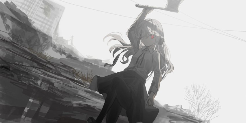 1girl arm_up axe bangs black_footwear black_legwear black_skirt chihuri clouds cloudy_sky collared_shirt commentary_request day dress_shirt eve_(chihuri) eyebrows_visible_through_hair feet_out_of_frame grey_hair hair_over_one_eye highres holding holding_axe long_hair long_sleeves looking_at_viewer low_twintails original outdoors overcast pantyhose red_eyes ruins shirt shoes skirt sky solo twintails very_long_hair water white_shirt