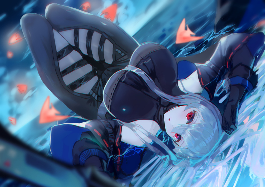 1girl :o arknights arm_cuffs bangs bare_shoulders black_gloves black_headwear black_shirt breasts claymore_(sword) coat commentary elite_ii_(arknights) gloves hair_between_eyes hat hat_removed headwear_removed highres large_breasts long_hair looking_at_viewer lying lying_on_water mannouyakunta on_back planted_sword planted_weapon red_eyes shirt sidelocks silver_hair skadi_(arknights) sleeveless sleeveless_shirt solo sword thigh_strap thighs water weapon