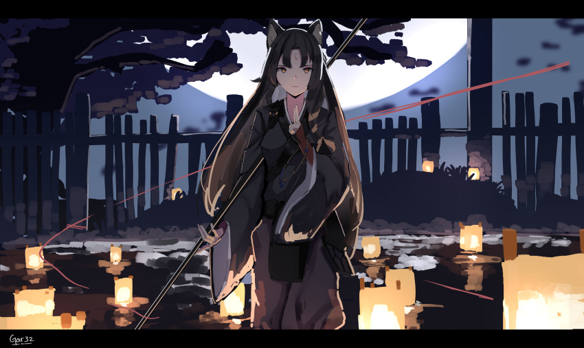 1girl absurdres animal_ear_fluff animal_ears arknights bangs black_hair black_kimono brown_eyes brown_pants commentary facial_mark fence forehead_mark full_moon gar32 hand_up highres holding japanese_clothes kimono kuji-in lantern letterboxed long_hair long_sleeves moon night outdoors pants parted_bangs parted_lips puffy_pants saga_(arknights) solo standing tree very_long_hair wide_sleeves