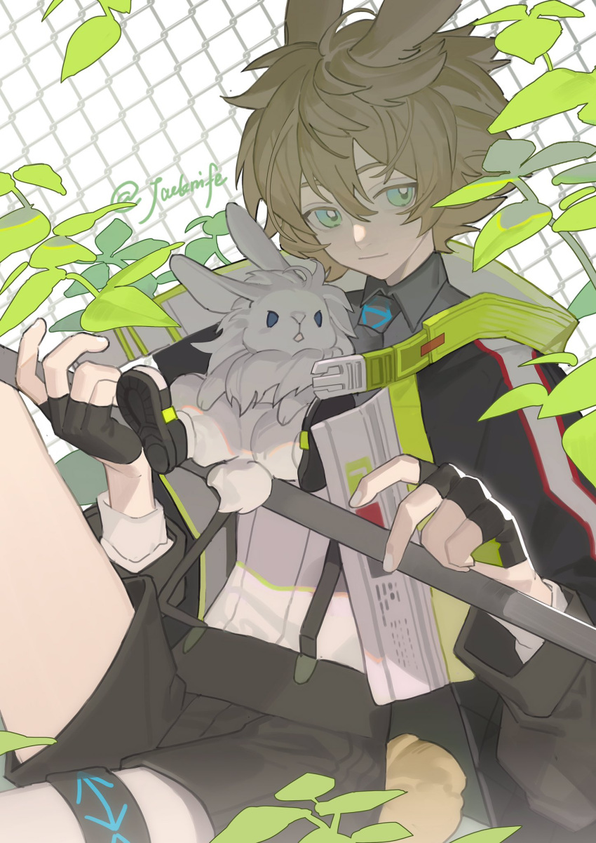 1boy ahoge animal_ears arknights black_footwear black_gloves blue_eyes brown_hair bunny_tail chain-link_fence closed_mouth fence fingerless_gloves fingernails gloves green_eyes hair_between_eyes half_gloves highres jacket jacknife leonhardt_(arknights) male_focus open_clothes open_jacket plant rabbit rabbit_ears sitting smile tail thigh_strap twitter_username