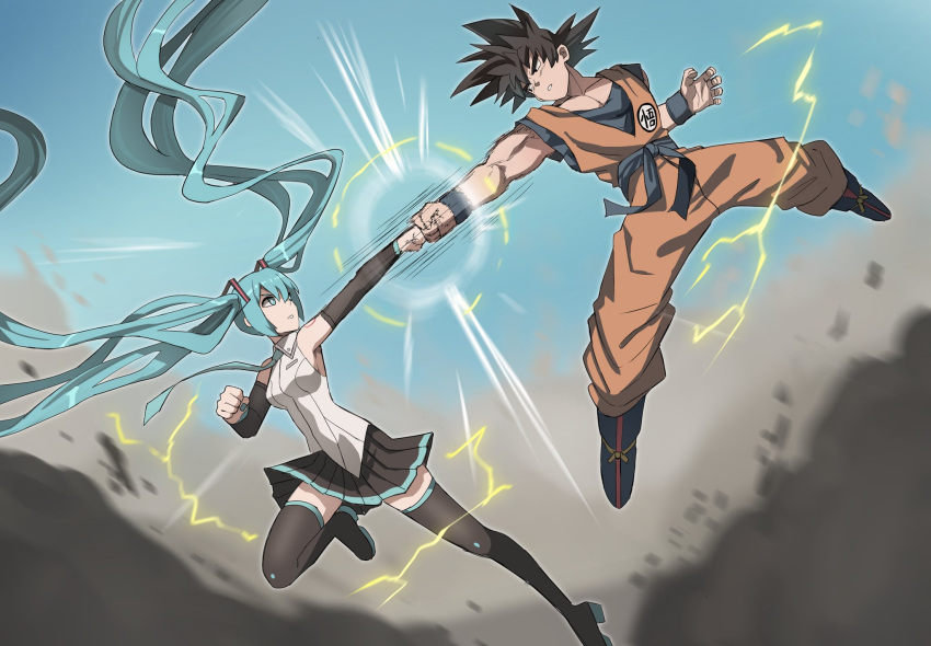 1boy 1girl bangs belt black_footwear black_hair black_skirt black_sleeves blue_belt blue_eyes blue_hair boots breasts clenched_hand clenched_hands collared_shirt detached_sleeves dougi dragon_ball dragon_ball_z electricity fighting floating_hair grey_shirt hatsune_miku highres jourd4n long_hair muscular muscular_male open_hand parted_lips shirt skirt sleeveless sleeveless_shirt small_breasts son_goku thigh-highs thigh_boots very_long_hair vocaloid