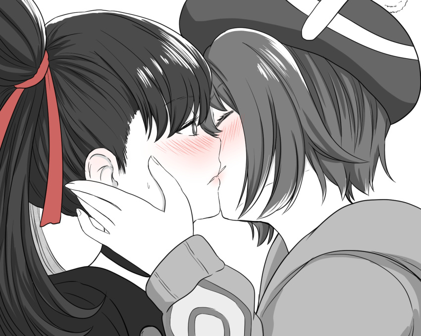 2girls blush closed_eyes face gloria_(pokemon) hand_on_another's_face hat highres kiss kurosawa_karura long_hair marnie_(pokemon) multiple_girls pokemon short_hair spot_color tam_o'_shanter yuri