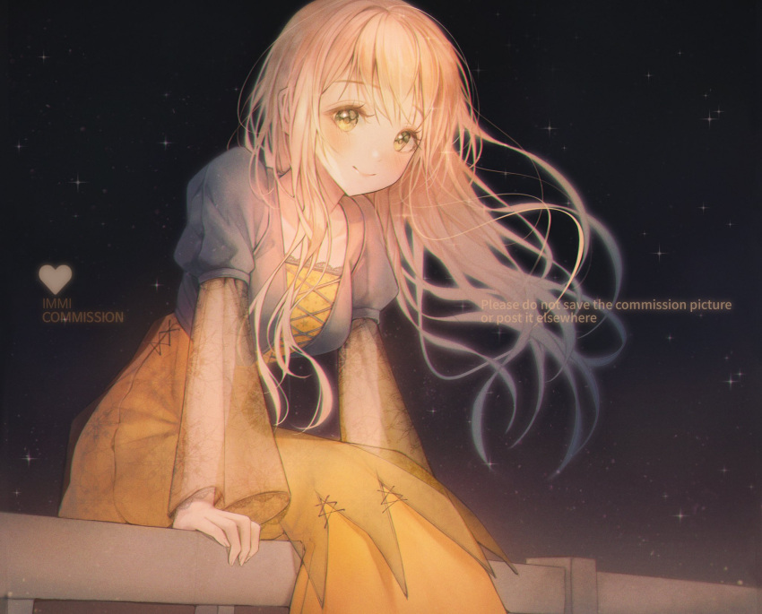 1girl bangs blonde_hair blush closed_mouth commission cross-laced_clothes cross-laced_top dress eyebrows_visible_through_hair floating_hair highres immi_immi long_hair long_sleeves looking_at_viewer night night_sky original see-through_sleeves sitting sky smile solo sparkle star_(sky) starry_sky very_long_hair yellow_dress yellow_eyes