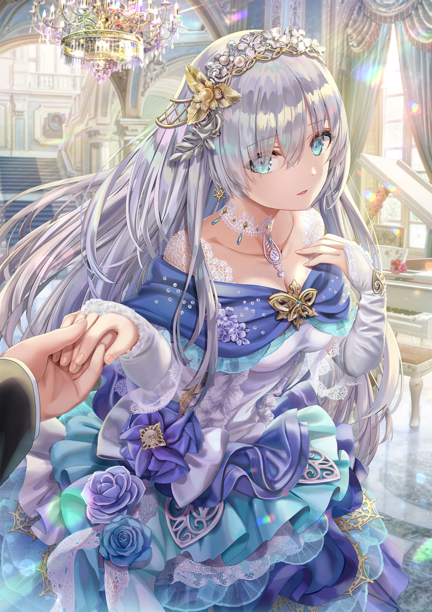 1girl anastasia_(fate) bangs bare_shoulders blue_eyes blue_skirt blush breasts chandelier choker collarbone dress fate/grand_order fate_(series) hair_over_one_eye highres holding_hands instrument jewelry large_breasts light_particles long_hair looking_at_viewer off-shoulder_dress off_shoulder parted_lips pendant piano silver_hair skirt solo_focus tiara torino_akua very_long_hair white_dress