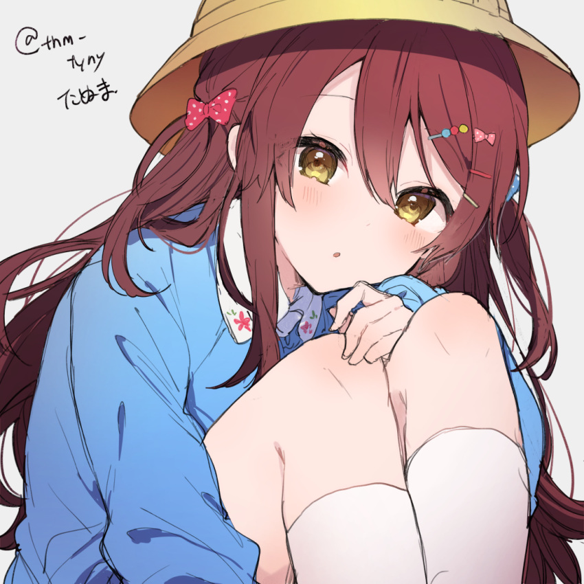 1girl :o bangs blue_shirt blush eyebrows_visible_through_hair hair_ornament hair_ribbon hat idolmaster idolmaster_shiny_colors ikeuchi_tanuma kindergarten_uniform long_sleeves oosaki_tenka redhead ribbon school_hat shirt simple_background solo twitter_username white_background white_legwear yellow_eyes