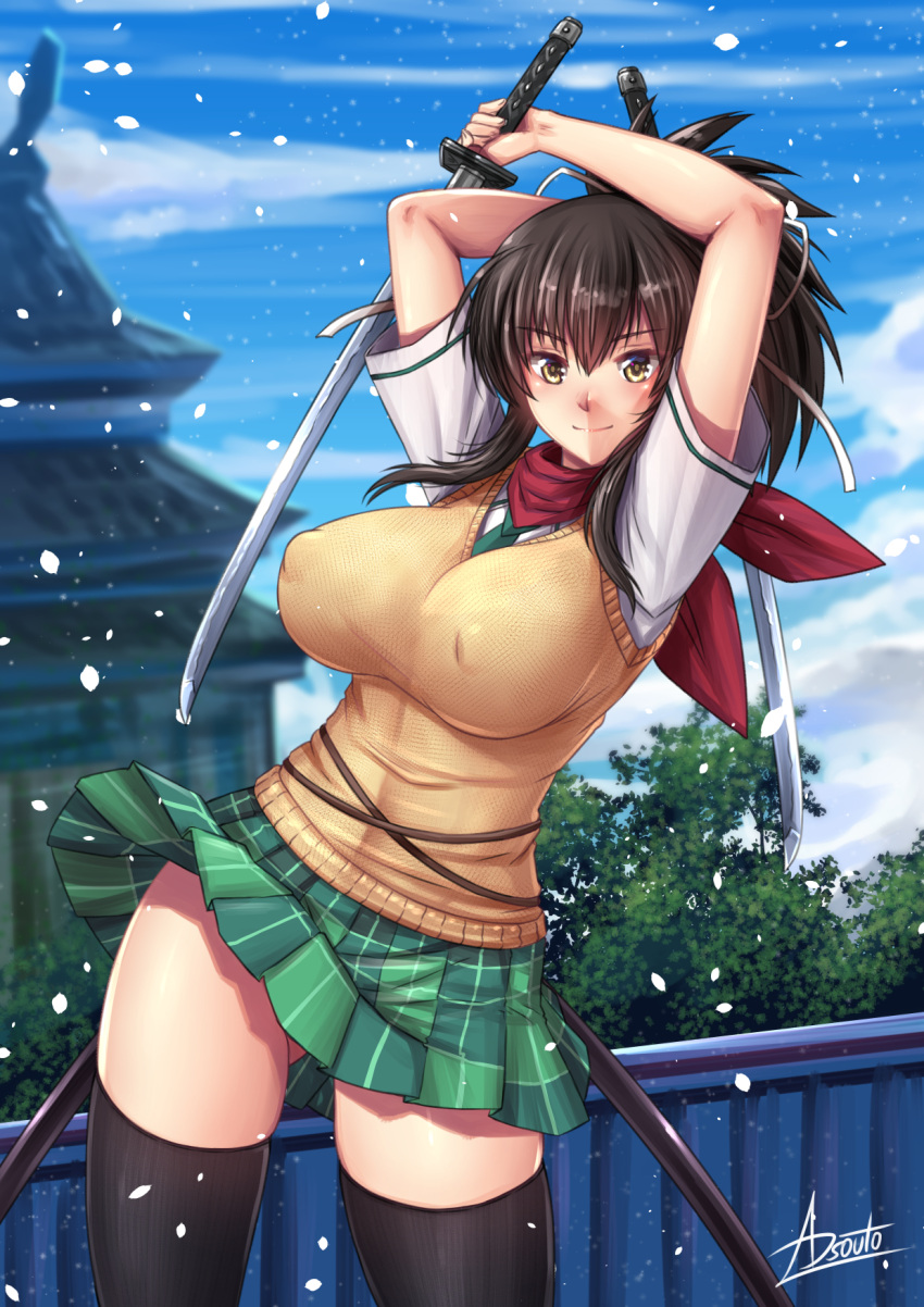 1girl adsouto asuka_(senran_kagura) bandages black_hair blush breasts brown_eyes brown_hair dress dual_wielding green_dress green_neckwear hair_ribbon highres holding holding_sword holding_weapon large_breasts long_hair looking_at_viewer necktie open_mouth plaid plaid_dress ponytail red_scarf ribbon scarf senran_kagura shirt short_hair skirt smile sweater_vest sword thigh-highs vest weapon white_ribbon white_shirt