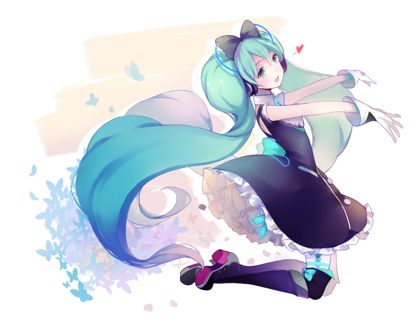1girl absurdres aqua_hair black_bow black_dress boots bow bug butterfly collared_dress dress frilled_dress frills full_body gloves hair_bow hatsune_miku headphones heart highres insect long_hair looking_at_viewer magical_mirai_(vocaloid) open_mouth short_sleeves signature sleeveless slyvia smile solo thigh-highs thigh_boots twintails very_long_hair vocaloid white_background white_gloves