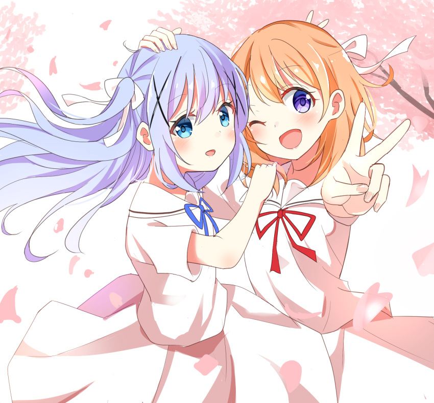 2girls ;d bangs blue_eyes blue_hair blue_ribbon bow brown_hair commentary_request dress eyebrows_visible_through_hair floating_hair flower gochuumon_wa_usagi_desu_ka? hair_between_eyes hair_bow hair_ornament highres hoto_cocoa kafuu_chino kousaka_nobaku long_hair matching_outfit multiple_girls neck_ribbon one_eye_closed open_mouth outstretched_arms petals pink_flower red_ribbon ribbon sailor_collar sailor_dress smile tree_branch two_side_up v very_long_hair violet_eyes white_bow white_dress white_sailor_collar x_hair_ornament
