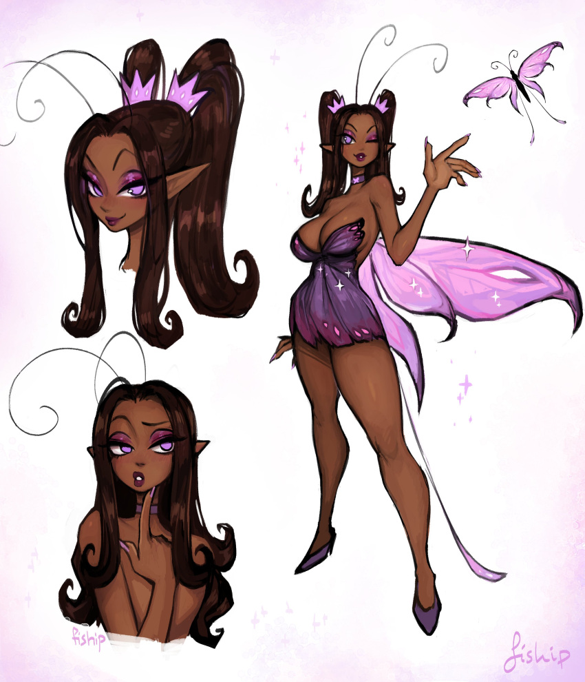 1girl absurdres antennae artist_name bare_arms bare_legs bare_shoulders brown_hair bug butterfly butterfly_wings choker commentary dark_skin dark-skinned_female dress english_commentary eyeshadow fairy highres insect lips long_hair looking_at_viewer makeup matilda_fiship multiple_views one_eye_closed original parted_lips pink_eyes pointy_ears sidelocks simple_background twintails white_background wings
