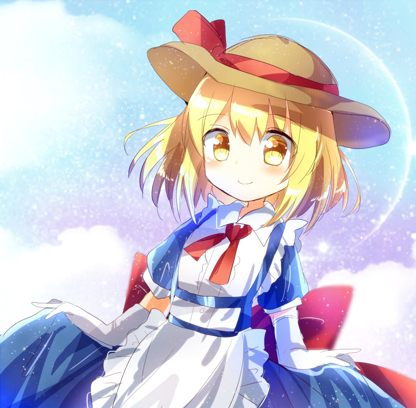 1girl apron blonde_hair blue_dress blush bow brown_headwear closed_mouth dress elbow_gloves eyebrows_visible_through_hair gloves hat hat_bow highres kana_anaberal ougi_maimai red_bow red_neckwear red_ribbon ribbon short_hair sky smile touhou touhou_(pc-98) yellow_eyes