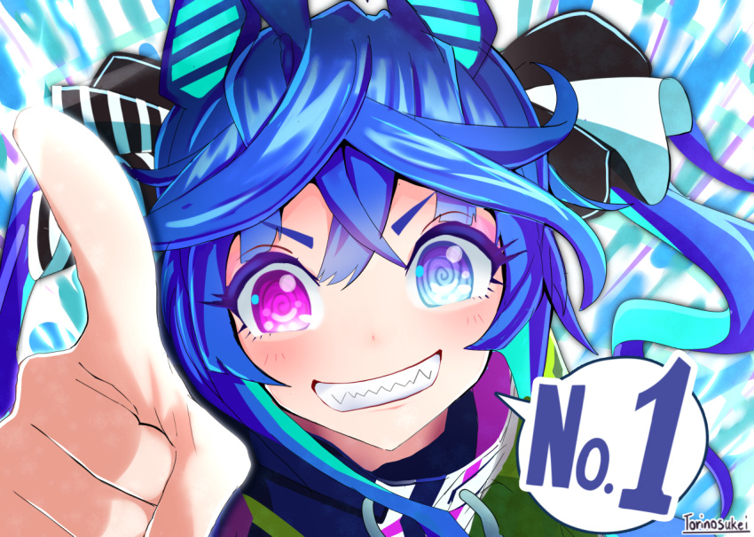 1girl @_@ artist_name bangs blue_eyes blue_hair blush commentary_request crossed_bangs eyebrows_visible_through_hair face foreshortening grin hair_between_eyes heterochromia index_finger_raised looking_at_viewer pink_eyes sharp_teeth sidelocks smile solo speech_bubble teeth torinosuke twin_turbo twintails umamusume v-shaped_eyebrows