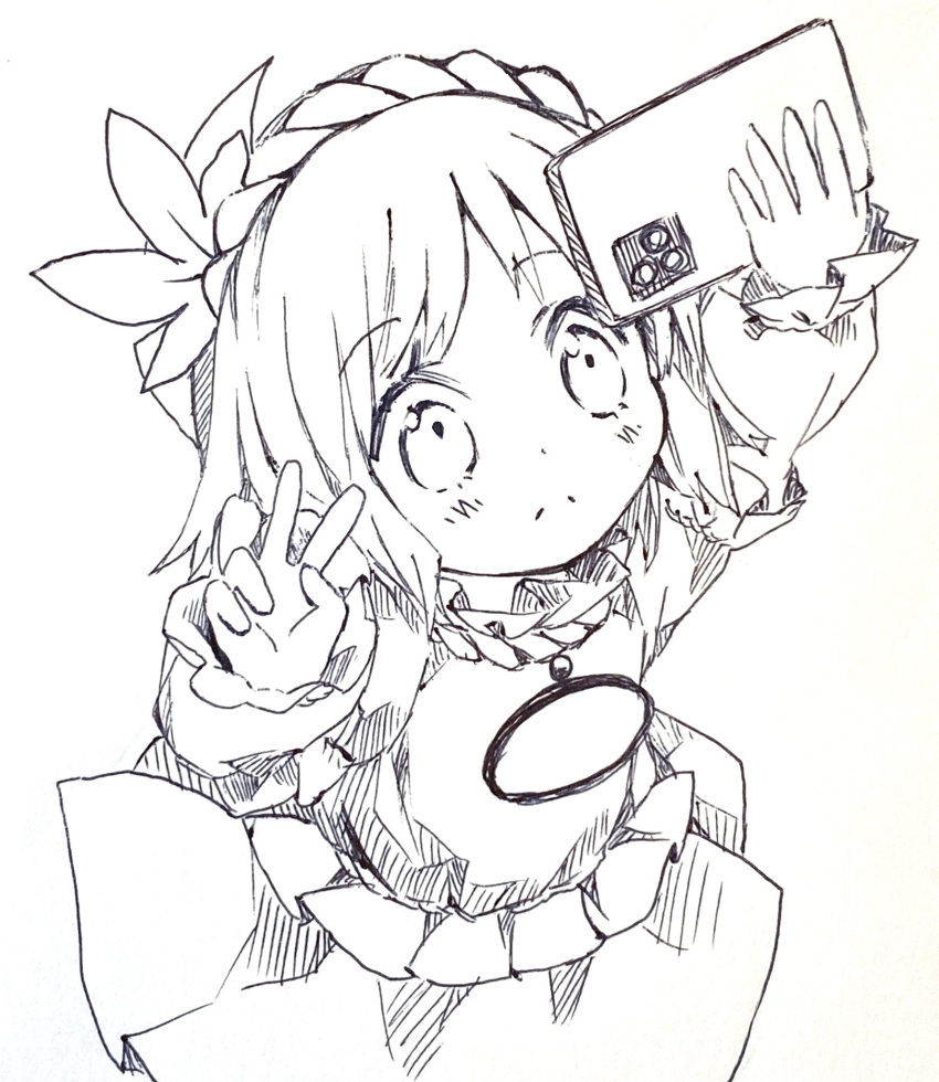 1girl cellphone commentary_request greyscale hair_ornament hands_up highres holding holding_phone leaf_hair_ornament long_sleeves mirror monochrome phone selfie short_hair simple_background skirt smartphone solo tatuhiro touhou v yasaka_kanako younger