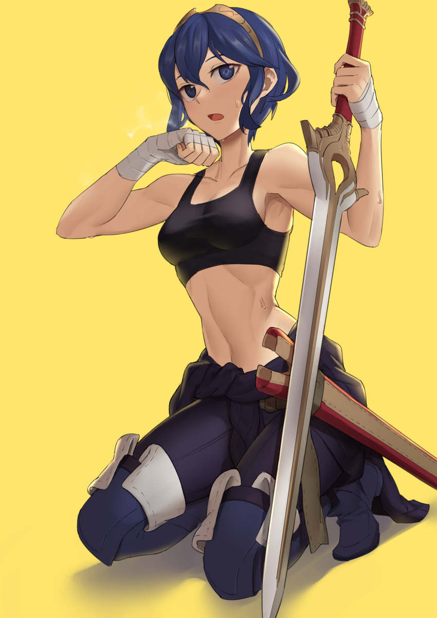 1girl absurdres blue_eyes blue_hair blush breasts ebinku falchion_(fire_emblem) fire_emblem fire_emblem_awakening gloves hair_between_eyes highres jewelry looking_at_viewer lucina_(fire_emblem) navel pants short_hair simple_background small_breasts solo sweat sword tank_top tiara weapon