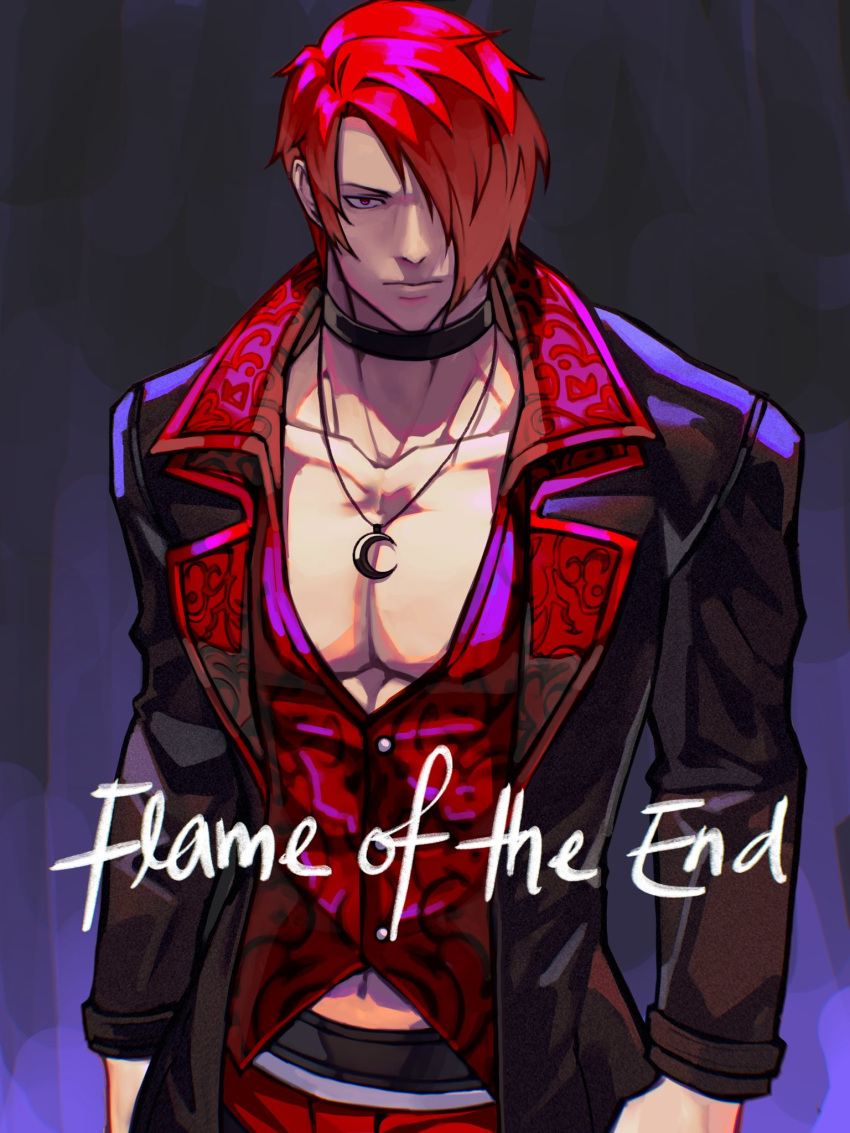 1boy arms_at_sides black_choker choker collarbone hair_over_one_eye highres jacket jewelry looking_at_viewer male_cleavage male_focus necklace pants pectorals red_eyes redhead shirt short_hair simple_background solo standing syachiiro the_king_of_fighters the_king_of_fighters_'95 the_king_of_fighters_xv yagami_iori
