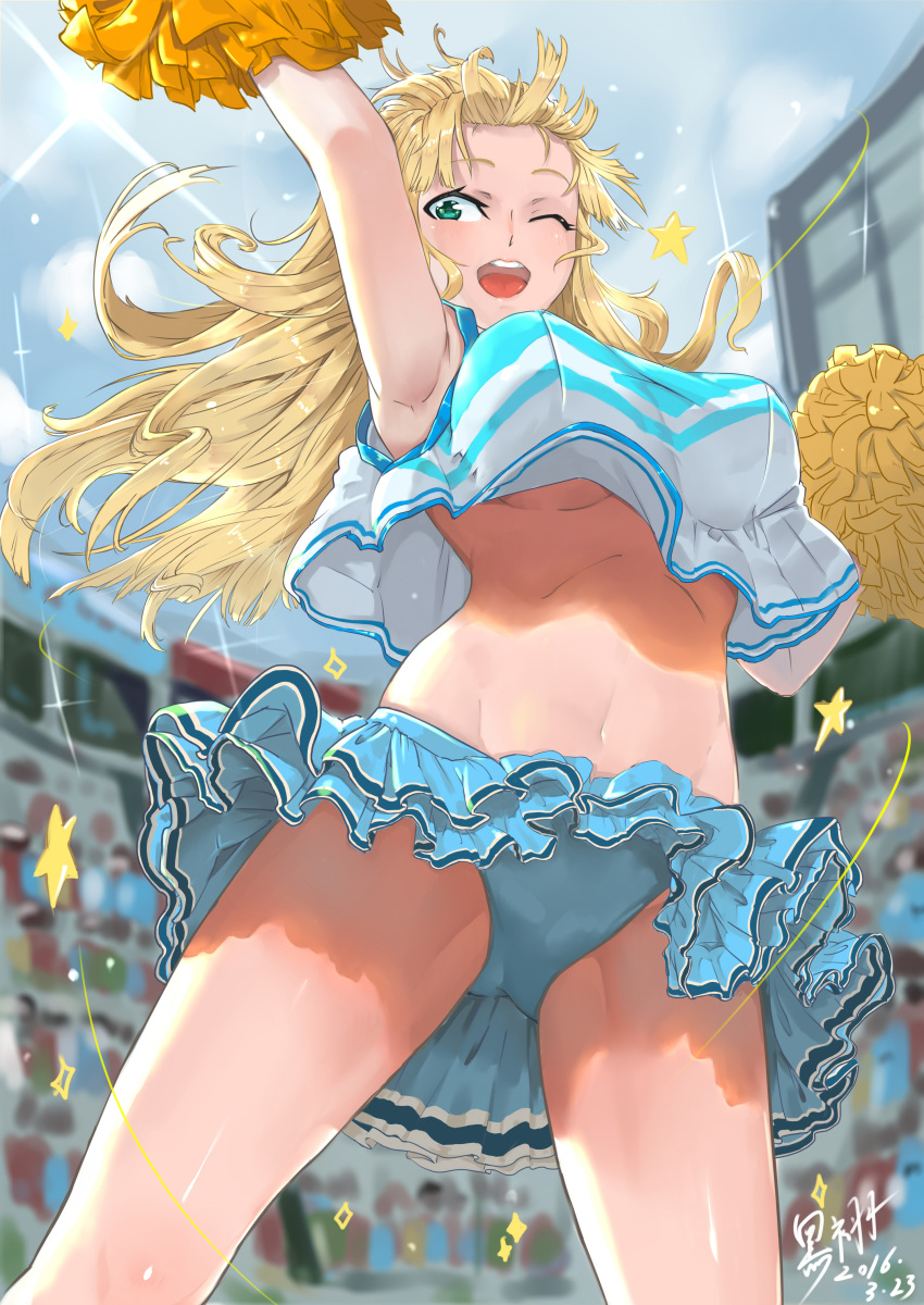 1girl absurdres aqua_eyes bangs blonde_hair blue_panties blue_skirt breasts cheering cheerleader clare_(cyphers) cowboy_shot cyphers dated heiyu highres holding holding_pom_poms long_hair midriff navel one_eye_closed open_mouth outdoors panties pom_poms shadow shirt signature skirt sleeveless sleeveless_shirt smile solo stadium under_boob underwear upshirt