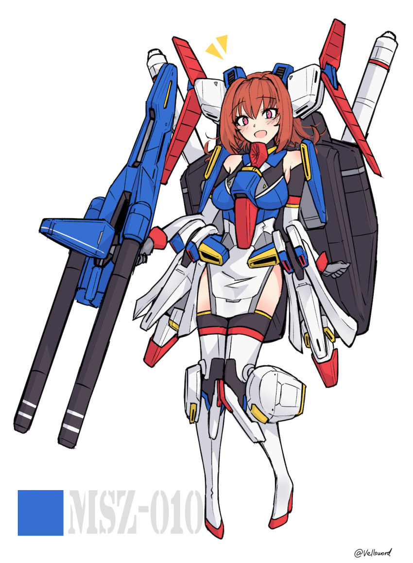 1girl bangs blush breasts clenched_hand eyebrows_visible_through_hair gloves grey_gloves gun gundam gundam_zz high_heels highres holding holding_gun holding_weapon i.takashi looking_at_viewer mecha_musume medium_breasts medium_hair open_mouth orange_hair pelvic_curtain personification pink_eyes revision smile solo weapon white_background zz_gundam