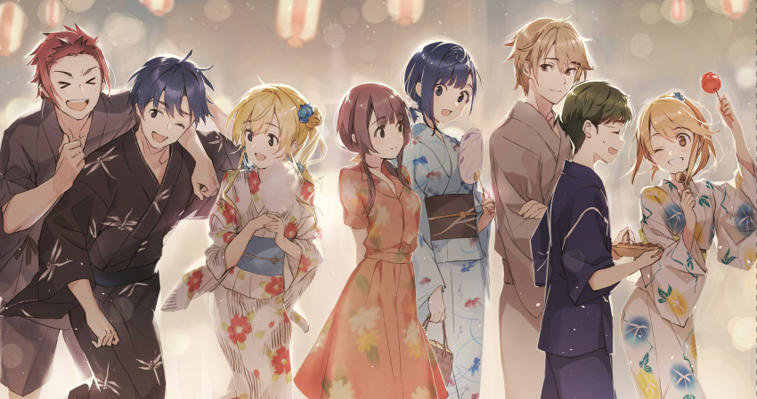 4boys 4girls aomi_haru arm_behind_back asano_kaito_(chiramune) black_hair blonde_hair brown_hair chitose-kun_wa_ramune_bin_no_naka chitose_saku cotton_candy dress fan floral_print food highres hiiragi_yuuko japanese_clothes kimono mizushino_kazuki multiple_boys multiple_girls nanase_yuzuki one_eye_closed open_mouth paper_fan second-party_source summer_festival takoyaki uchida_yua uchiwa weee_(raemz) yamazaki_kenta_(chiramune) yukata