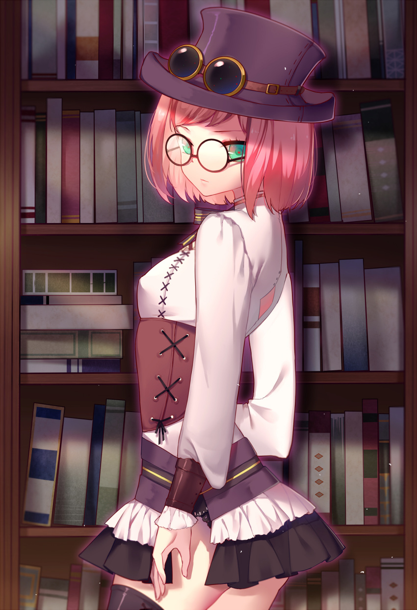 1girl absurdres bangs black_headwear book bookshelf corset eyewear_on_headwear frilled_skirt frills from_side glasses green_eyes hat highres indoors library long_sleeves looking_at_viewer looking_to_the_side original pink_hair pleated_skirt round_eyewear shirt short_hair skirt slyvia solo standing thigh-highs white_shirt