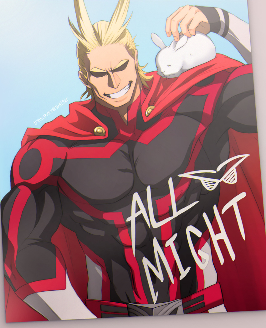 1boy all_might alternate_costume animal_on_shoulder antenna_hair belt black_bodysuit blonde_hair bodysuit boku_no_hero_academia cape character_name covered_abs grin hair_slicked_back highres large_pectorals male_focus muscular muscular_male rabbit red_cape short_hair smile solo trevo_(trevoshere) upper_body