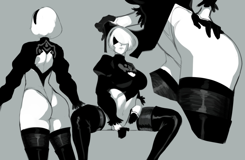 1girl absurdres ass back_cutout blindfold boots cleavage_cutout closed_mouth clothing_cutout covered_navel gloves grey_background greyscale hairband highres leotard monochrome multiple_views nier_(series) nier_automata popogori puffy_sleeves short_hair simple_background sitting spread_legs thigh-highs thigh_boots turtleneck yorha_no._2_type_b