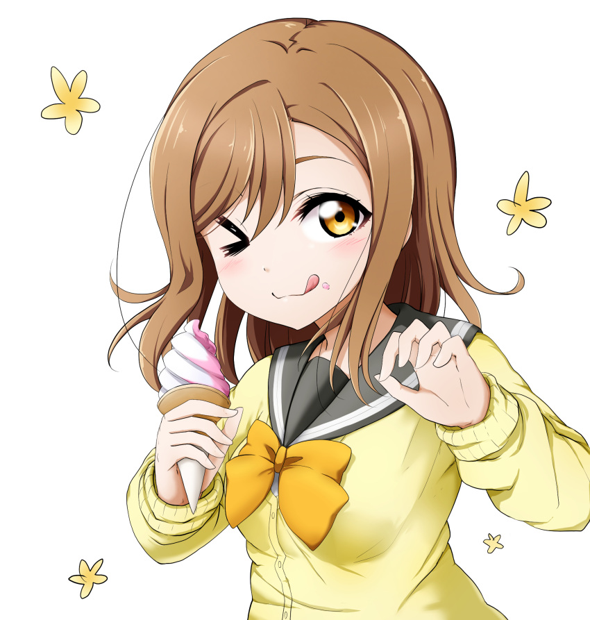 &gt;_o 1girl ;q bangs black_sailor_collar blush bow breasts brown_eyes brown_hair cardigan closed_mouth eyebrows_behind_hair food food_on_face hair_between_eyes highres holding holding_food ice_cream ice_cream_cone kuena kunikida_hanamaru long_hair long_sleeves looking_at_viewer love_live! one_eye_closed orange_bow sailor_collar school_uniform serafuku simple_background small_breasts smile soft_serve solo tongue tongue_out upper_body white_background yellow_cardigan
