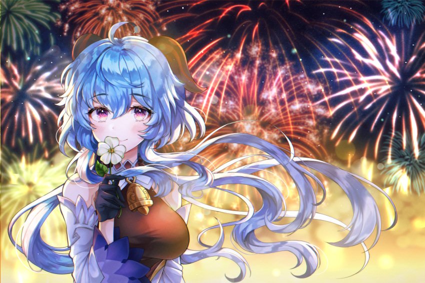 1girl ahoge bare_shoulders bell black_bodysuit black_gloves blue_hair blush bodysuit breasts cowbell detached_sleeves eyebrows_visible_through_hair fireworks flower ganyu_(genshin_impact) genshin_impact gloves holding holding_flower horns large_breasts long_hair looking_at_viewer night ryunbi smile solo violet_eyes