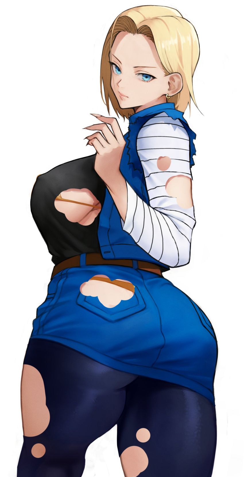 1girl absurdres android_18 ass back bangs belt bikini bikini_under_clothes black_shirt blonde_hair blue_eyes blue_legwear blue_skirt blue_vest breasts denim denim_skirt dragon_ball dragon_ball_z earrings forehead highres jewelry large_breasts long_sleeves looking_back pantyhose parted_bangs shirt short_hair skirt swimsuit thick_thighs thighs torn_clothes vest white_sleeves yellow_bikini yoshio_(55level)