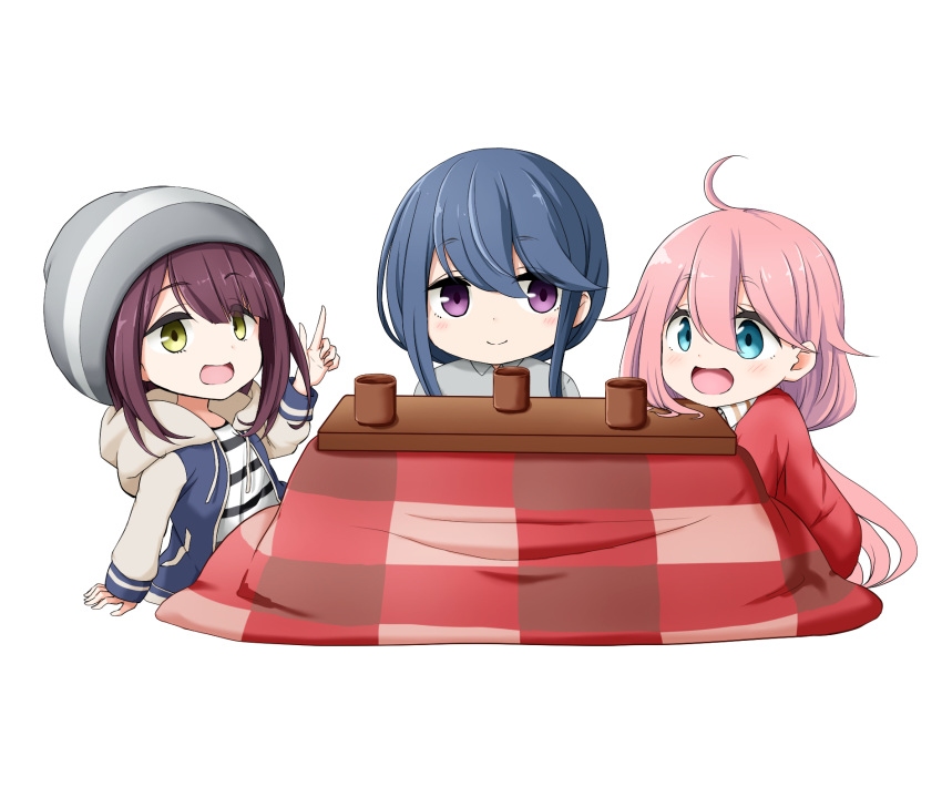 3girls :d ahoge bangs beanie blue_eyes blue_hair blue_jacket blush brown_eyes brown_hair closed_mouth collared_shirt cup drawstring eyebrows_visible_through_hair eyes_visible_through_hair grey_headwear grey_shirt hair_between_eyes hair_over_one_eye hand_up hat highres hood hood_down hooded_jacket index_finger_raised jacket kagamihara_nadeshiko kotatsu kuena long_hair long_sleeves multiple_girls open_clothes open_jacket open_mouth pink_hair red_shirt shima_rin shirt simple_background sleeves_past_wrists smile striped striped_shirt table toki_ayano very_long_hair violet_eyes white_background yunomi yurucamp