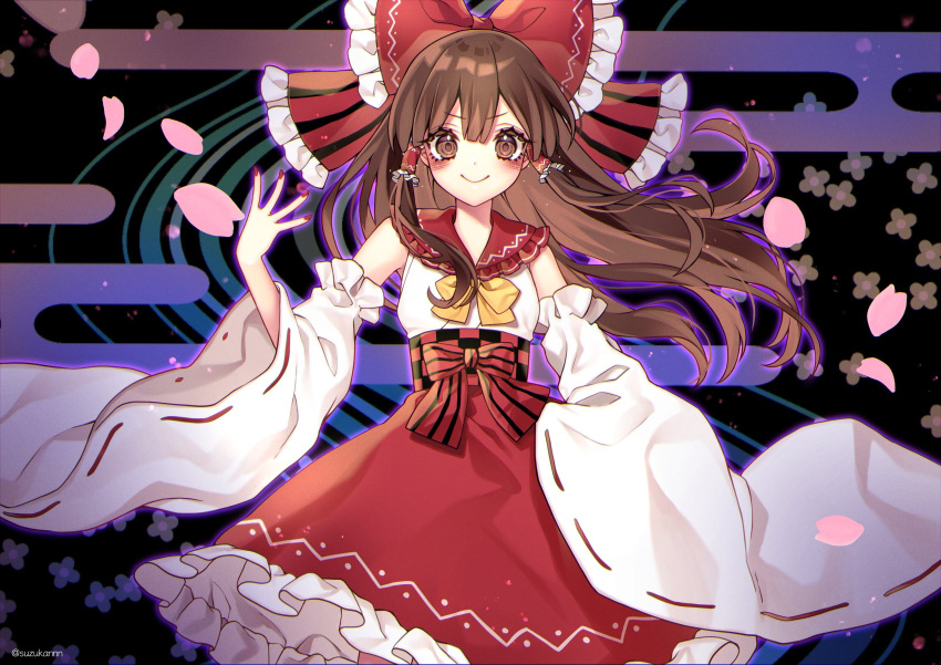 1girl alternate_costume black_background blush bow brown_eyes brown_hair cherry_blossoms commentary_request detached_sleeves egasumi hair_bow hair_tubes hakurei_reimu hand_up highres kyouda_suzuka long_hair long_sleeves looking_at_viewer petals red_bow red_nails red_skirt sailor_collar shirt skirt smile solo touhou white_shirt wide_sleeves