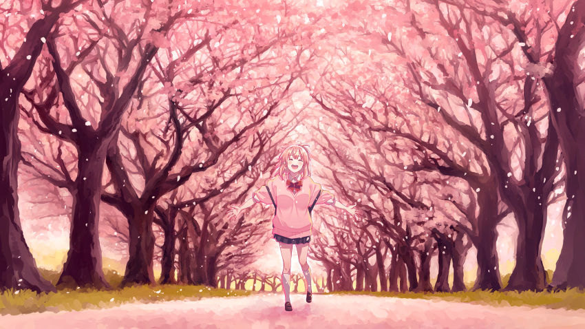1girl akino_sora bangs black_skirt bow breasts brown_footwear collared_shirt commentary_request day dress_shirt eyebrows_visible_through_hair facing_viewer flower highres kneehighs loafers original outdoors outstretched_arms petals pink_flower pink_hair pink_sweater pleated_skirt red_bow school_uniform shirt shoes skirt small_breasts solo standing standing_on_one_leg sweater tree white_legwear white_shirt
