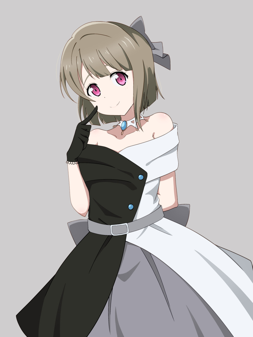 absurdres asymmetrical_hair bare_shoulders belt black_belt black_bow black_dress black_gloves bob_cut bow buttons choker collarbone dress evening_gown gloves grey_hair hair_bow highres huge_bow jewelry lace lace_gloves lhm love_live! love_live!_nijigasaki_high_school_idol_club multicolored multicolored_clothes nakasu_kasumi necklace off-shoulder_dress off_shoulder pointing pointing_at_self red_eyes short_hair sleeveless sleeveless_dress solitude_rain_(love_live!) two-tone_dress white_dress